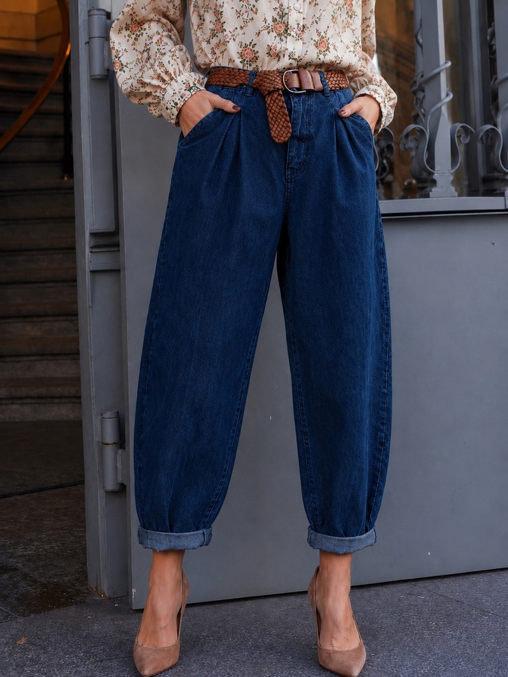 Vintage 1980s Jeanne Dark Indigo Pleated Tapered Jeans High Rise Balloon Leg, 26
